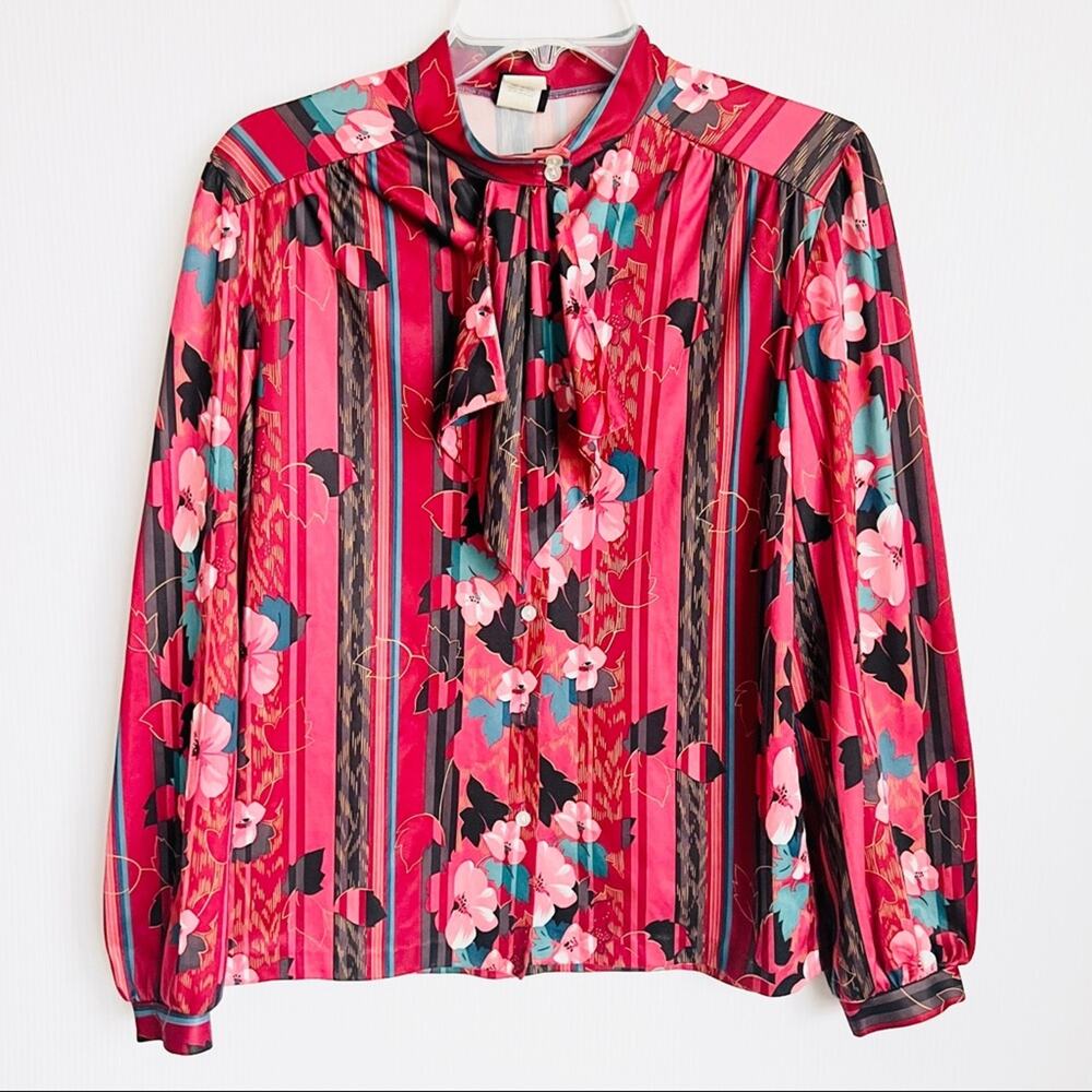Vintage 70s Lucky Britches Ruffle Collar Floral Stripe Retro Button Down Blouse